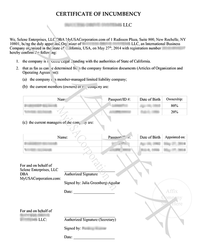 Certificate Of Incumbency Sample Myusacorporation Cn